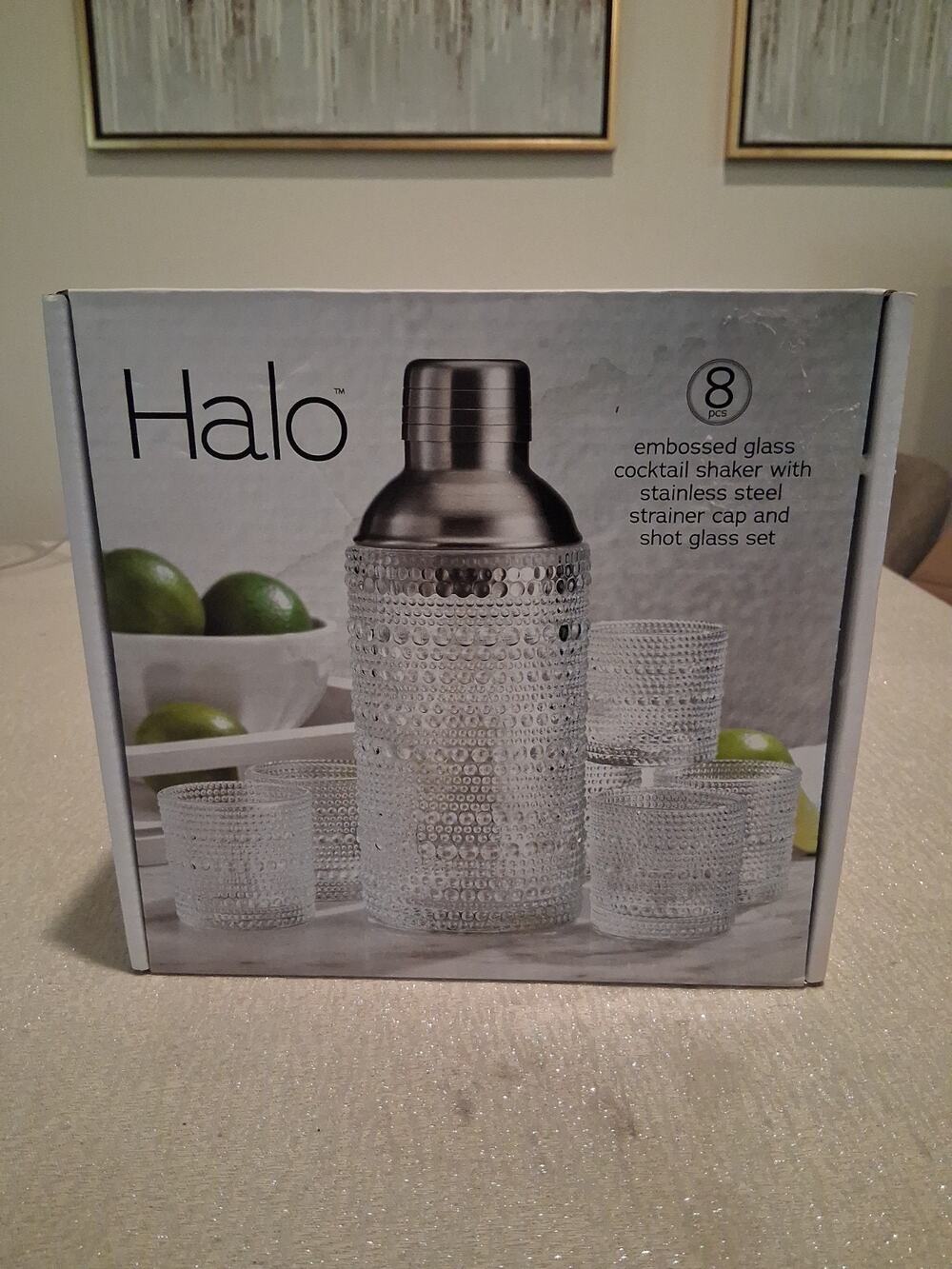 New Halo Embossed Glass Cocktail Shaker w/ Stainless Steel Cap and Shot Glasses